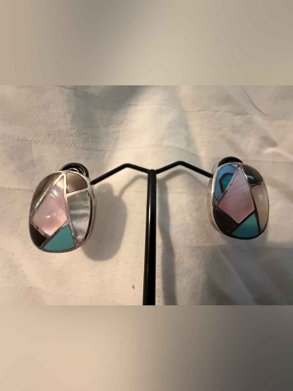 Inlaid Mother of Pearl & Turquoise Sterling Silver Earrings